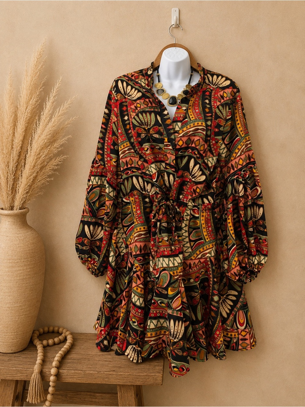 Lavender J - Bohemian Print Tie-Waist Mini Dress in Black Multi